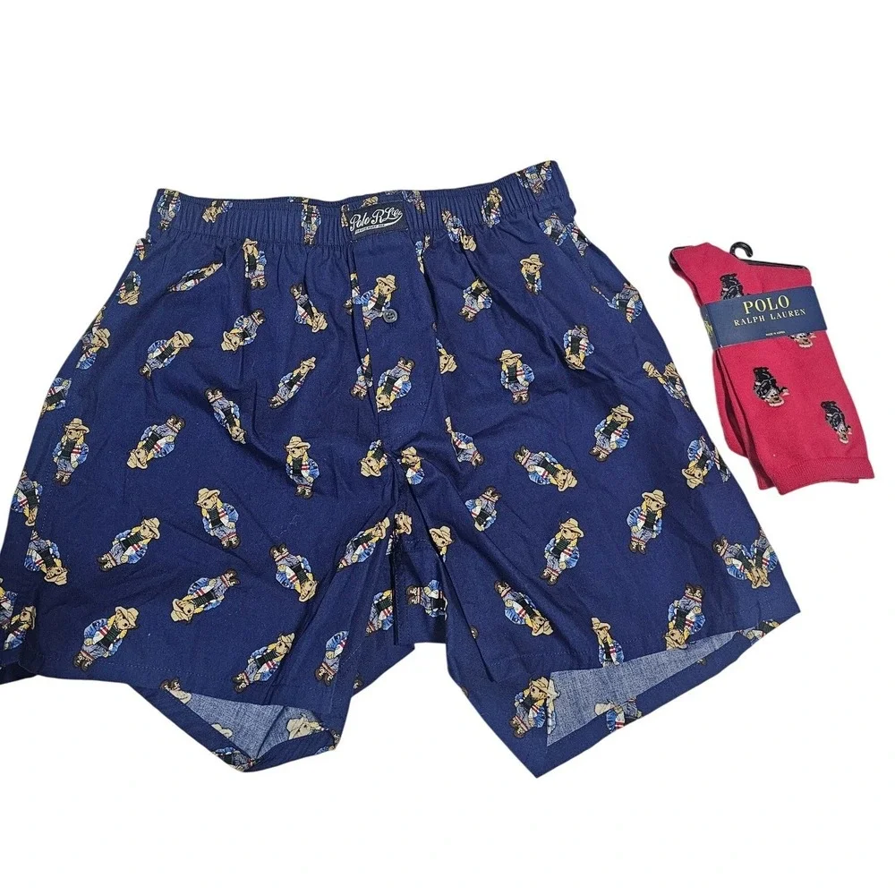 Polo Ralph Lauren Mens Polo Bear Boxer Shorts Navy Blue Western Cowboy & Socks S